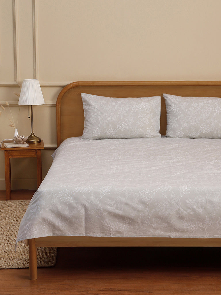 Westside Home Mint Leaves Printed Double Bed Flat Sheet With Pillowcase Set