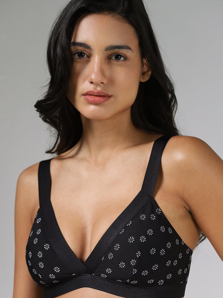 Superstar Daisy Printed Mesh Black Bra