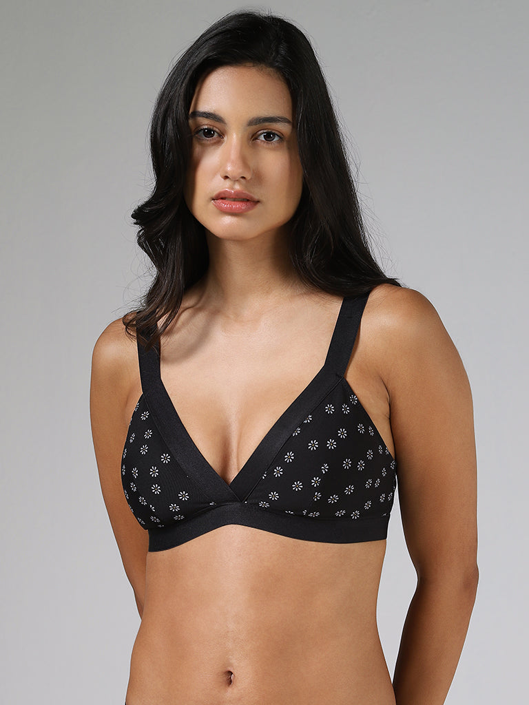 Superstar Daisy Printed Mesh Black Bra