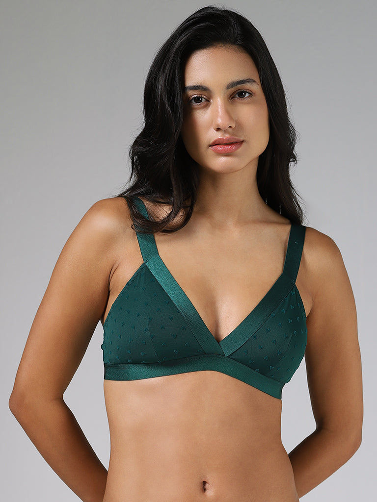 Superstar Flock Heart Printed Emerald Green Bra