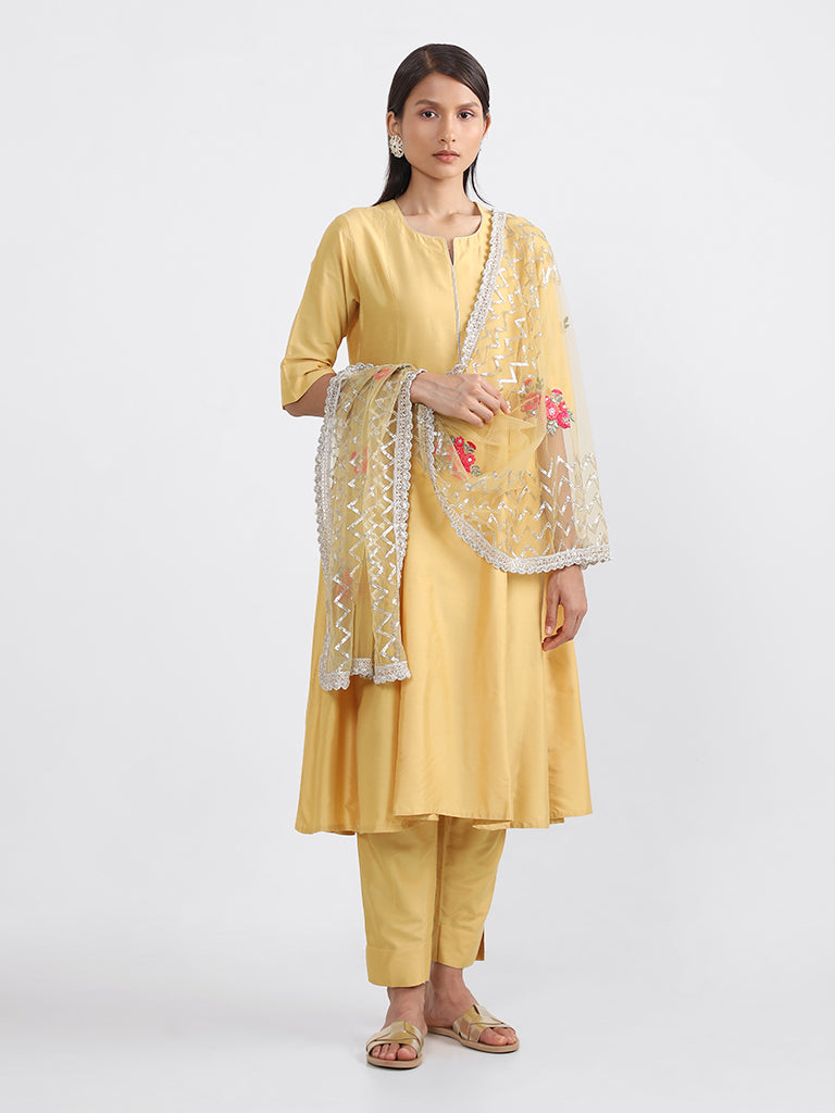 Vark Yellow Embroidered Kurta with Pants & Dupatta