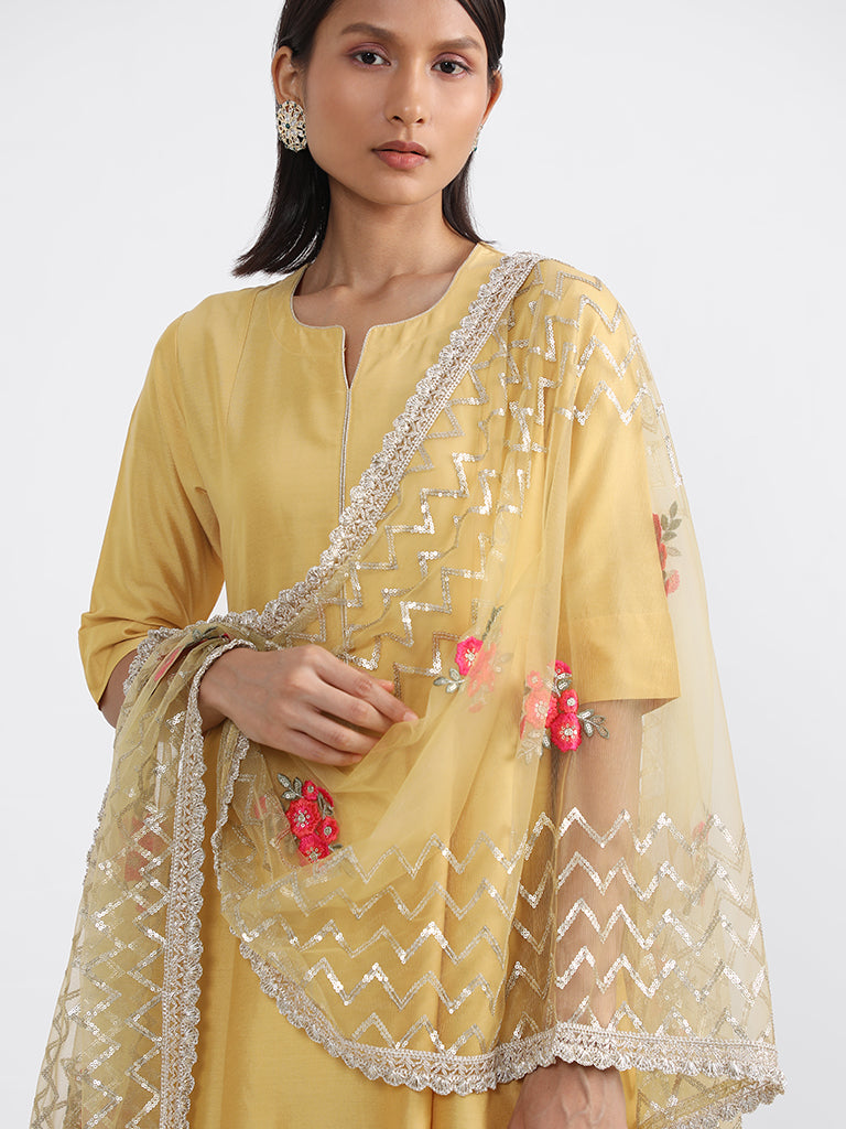 Vark Yellow Embroidered Kurta with Pants & Dupatta