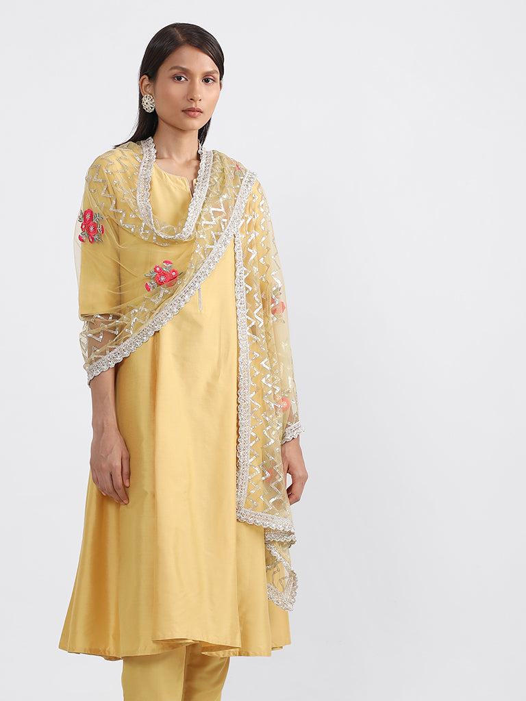Vark Yellow Embroidered Kurta with Pants & Dupatta