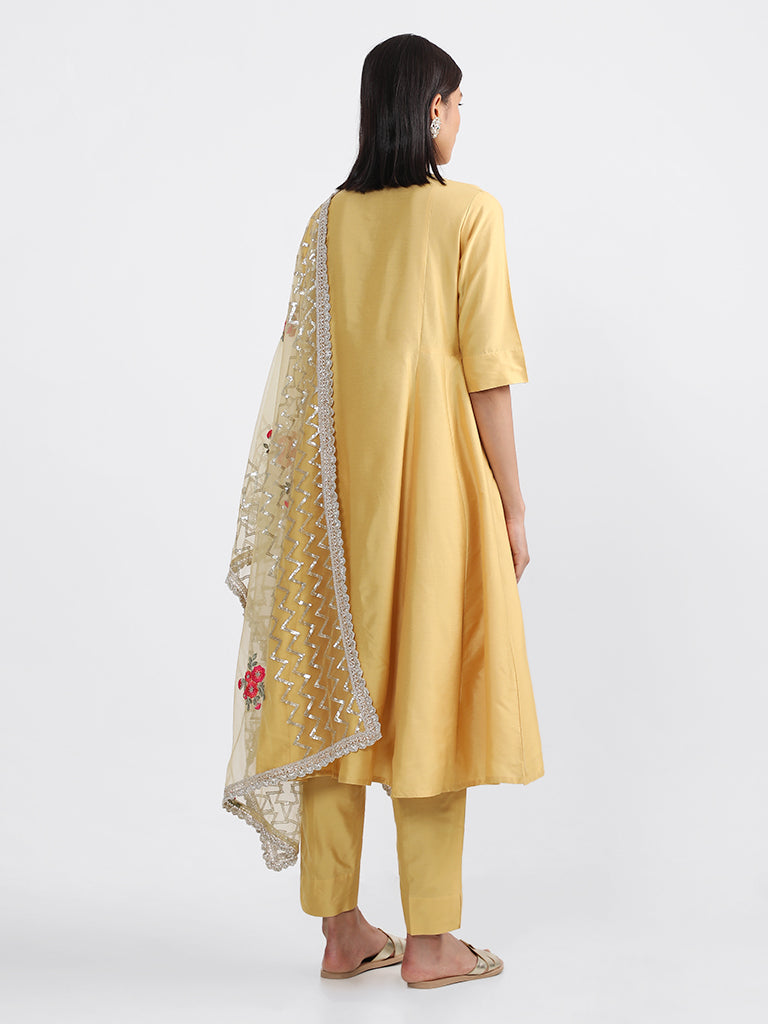 Vark Yellow Embroidered Kurta with Pants & Dupatta