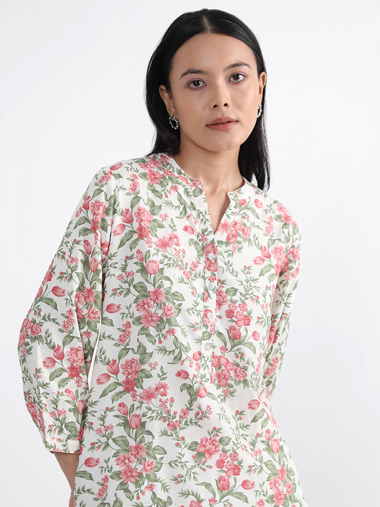 Utsa Red Botanical Charm Floral Printed Tunic