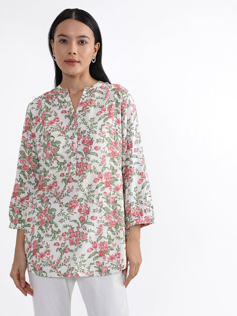 Utsa Red Botanical Charm Floral Printed Tunic
