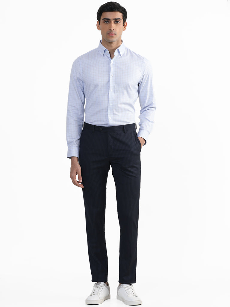 WES Formals Checked Blue Slim Fit Shirt
