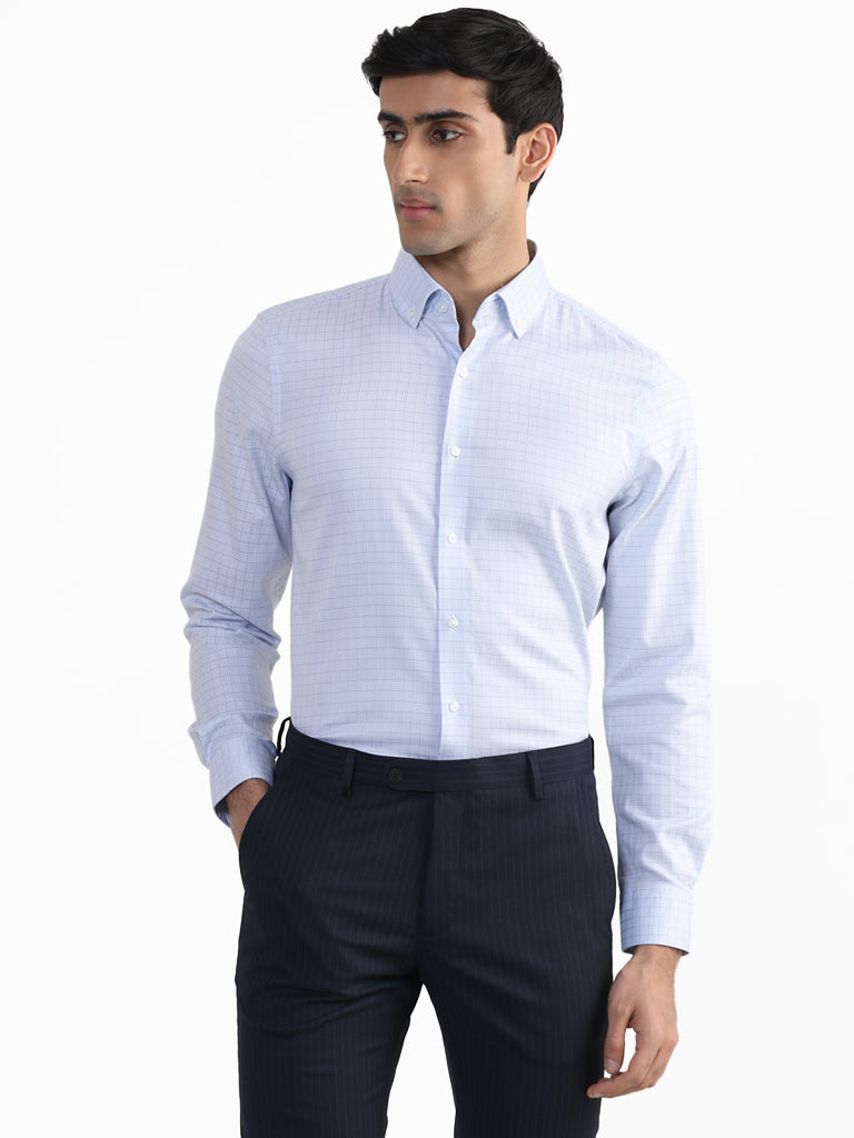 WES Formals Checked Blue Slim Fit Shirt