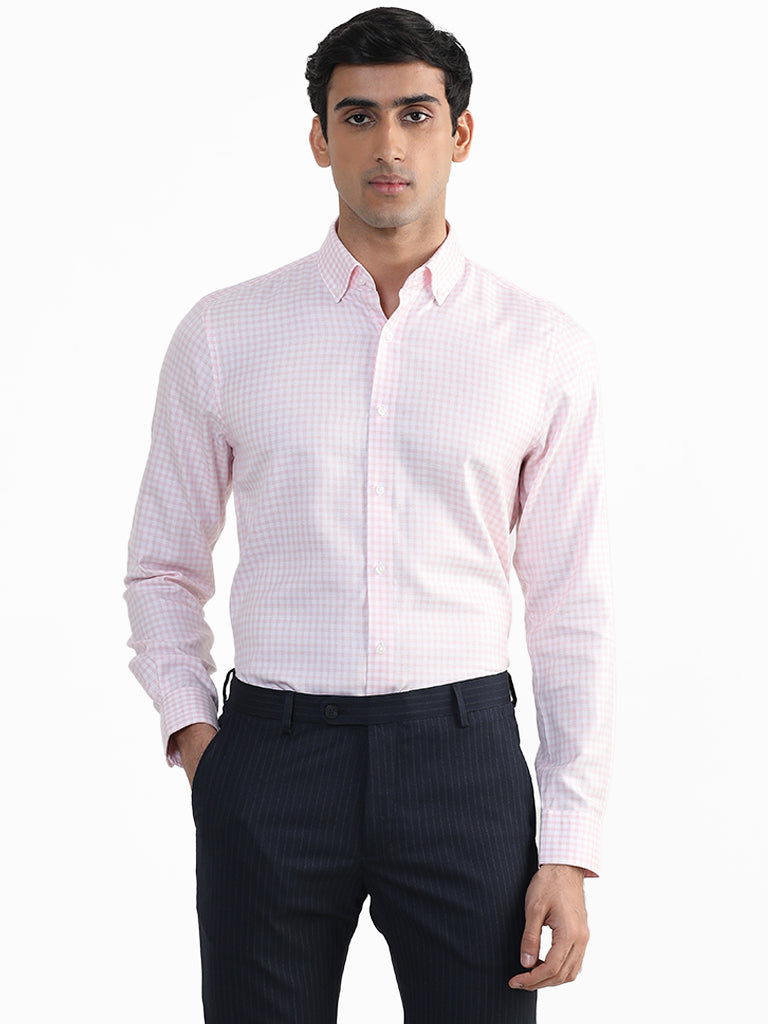 WES Formals Checked Pink Slim Fit Shirt