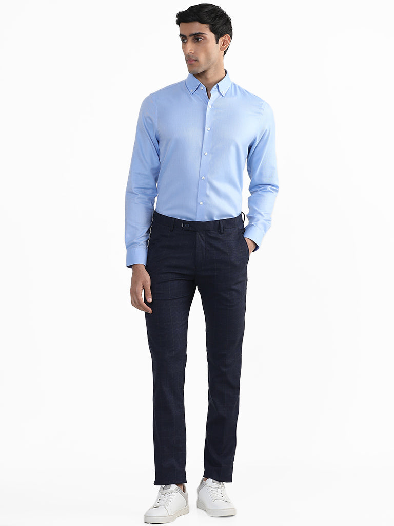 WES Formals Plain Blue Slim Fit Shirt