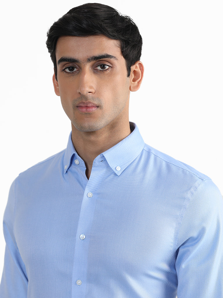 WES Formals Plain Blue Slim Fit Shirt