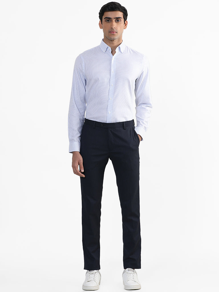 WES Formals Striped Blue Slim Fit Shirt