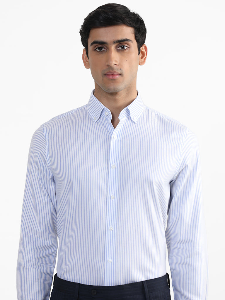 WES Formals Striped Blue Slim Fit Shirt