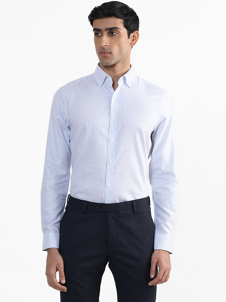 WES Formals Striped Blue Slim Fit Shirt