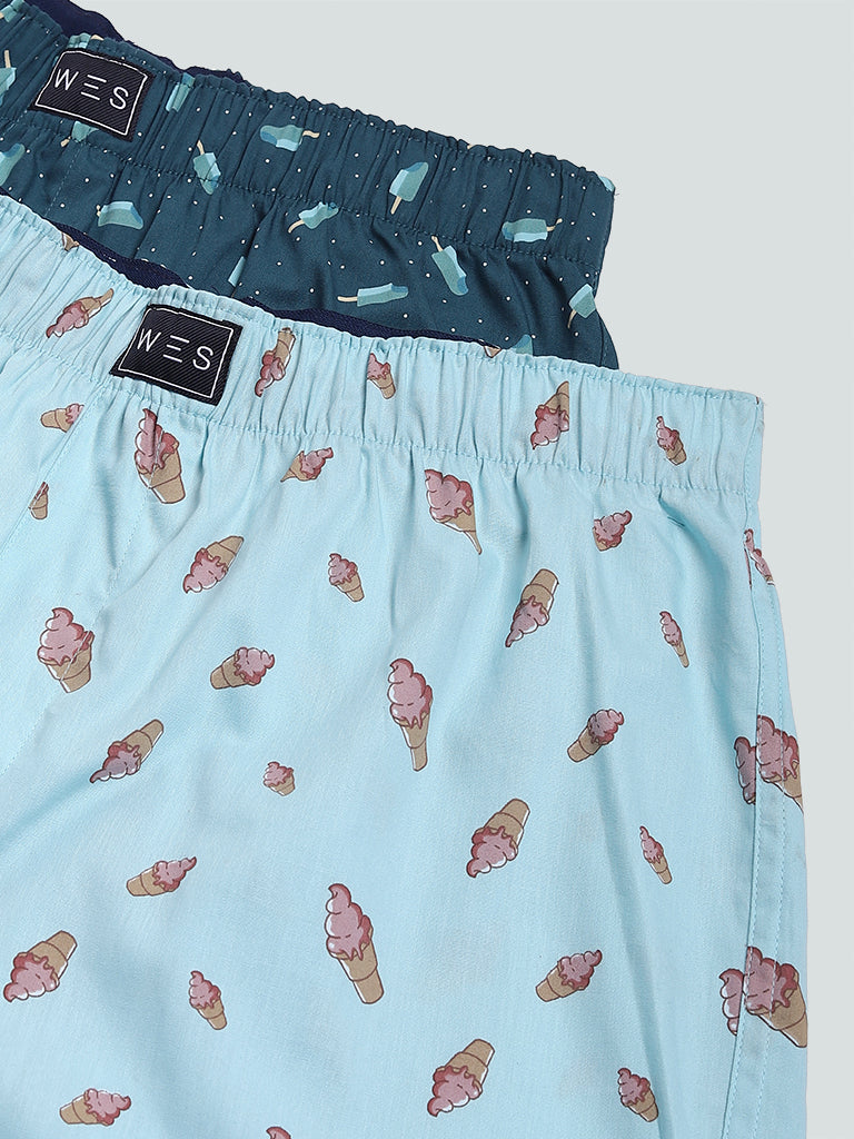 WES Lounge & Inner Teal Printed Relaxed Fit Boxers- Pack of 2