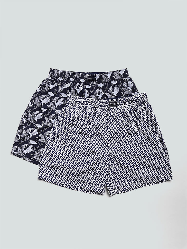 WES Lounge & Inner Navy Printed Relaxed Fit Boxers- Pack of 2