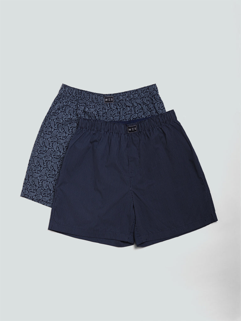 WES Lounge & Inner Navy Paisley Printed Relaxed Fit Boxers- Pack of 2