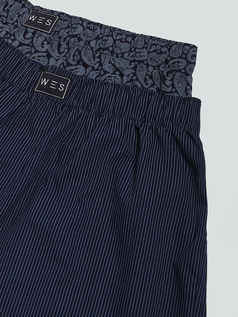 WES Lounge & Inner Navy Paisley Printed Relaxed Fit Boxers- Pack of 2