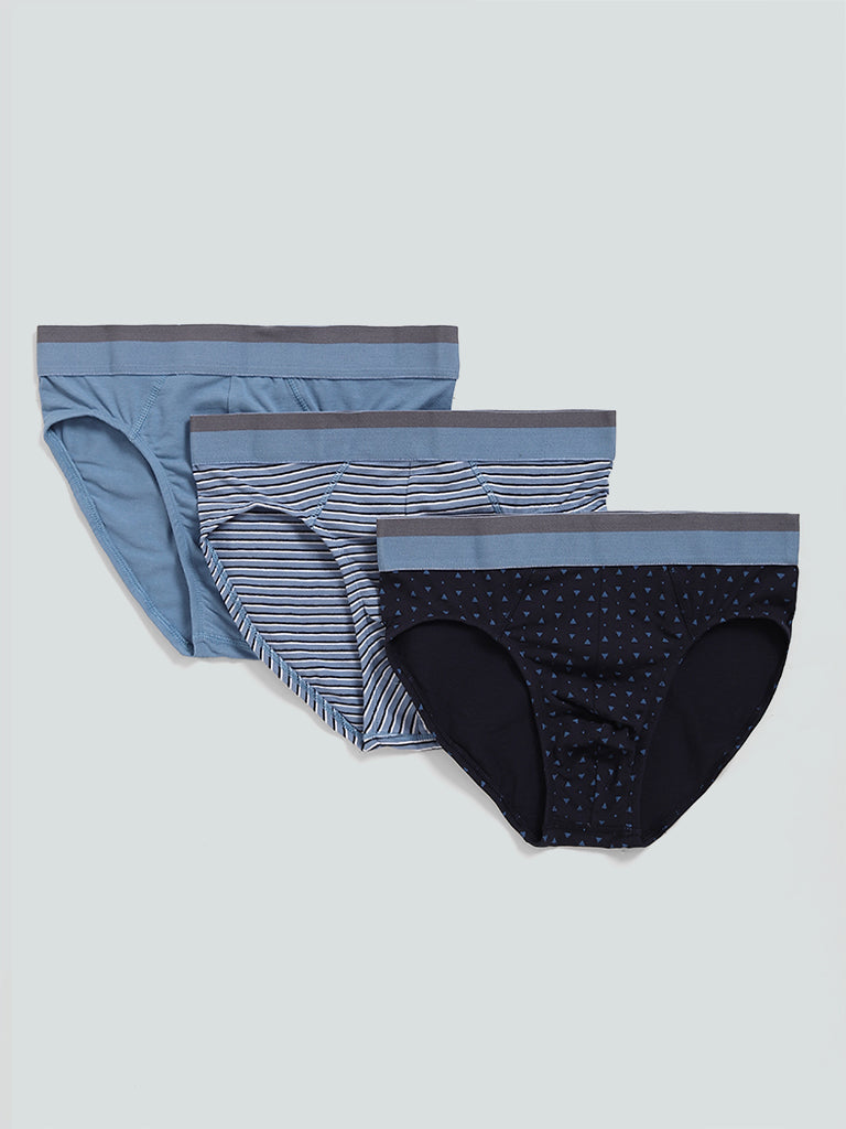 WES Lounge Cotton Stretchable Printed Light Blue Briefs - Pack of 3