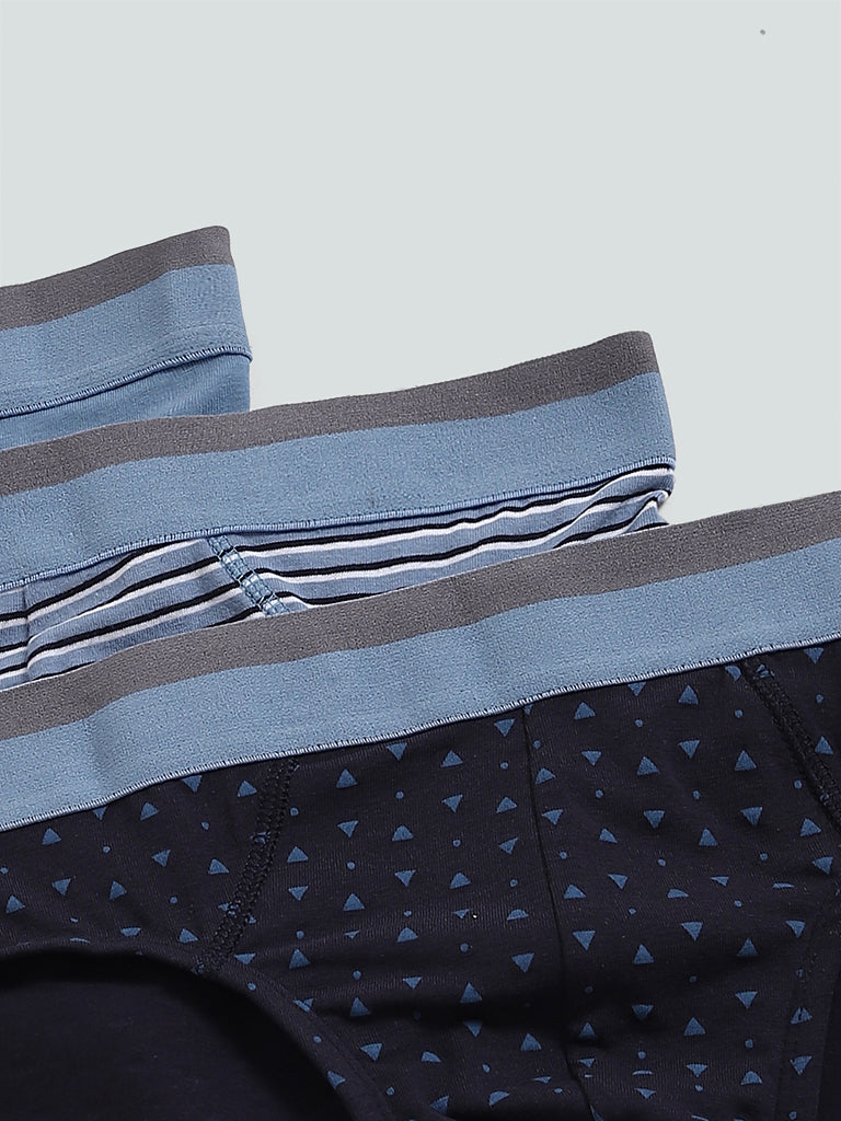 WES Lounge Cotton Stretchable Printed Light Blue Briefs - Pack of 3