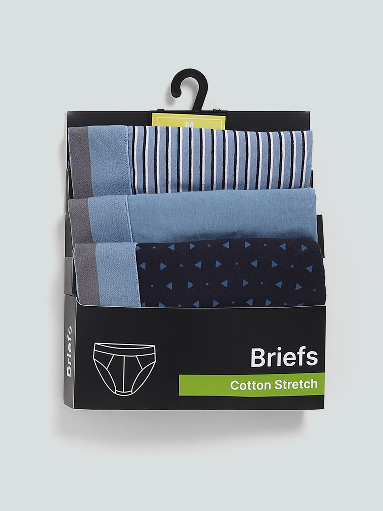 WES Lounge Cotton Stretchable Printed Light Blue Briefs - Pack of 3