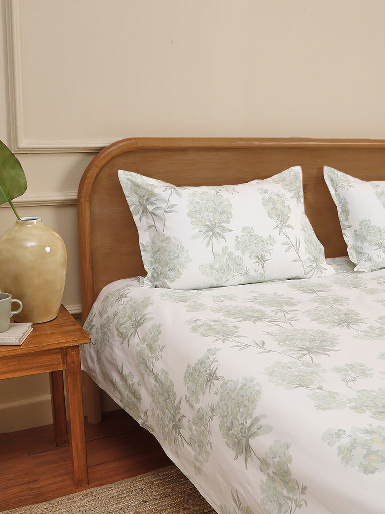 Westside Home Mint Hydrangea Printed Double Bed Flat sheet and Pillowcase Set