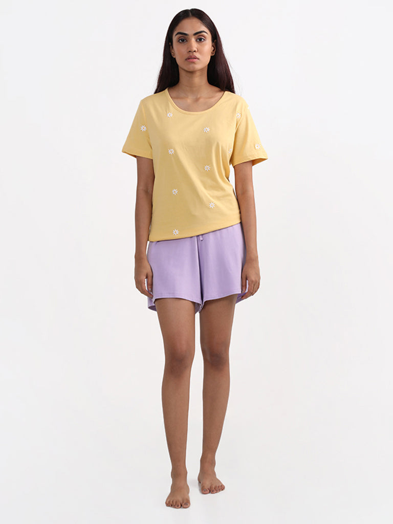Wunderlove Sleepwear Printed Yellow T-Shirt