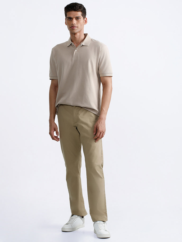 WES Casuals Plain Beige Polo Neck Cotton Blend Relaxed Fit T-Shirt
