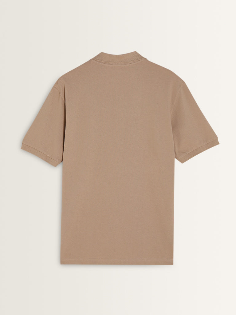 Westside WES Casuals Men's Plain Beige Polo Neck Cotton-Blend Relaxed-Fit T-Shirt for Casual Wear Flatly