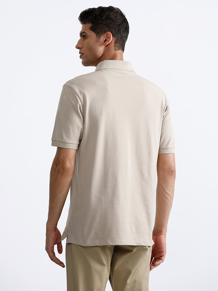 WES Casuals Plain Beige Polo Neck Cotton Blend Relaxed Fit T-Shirt