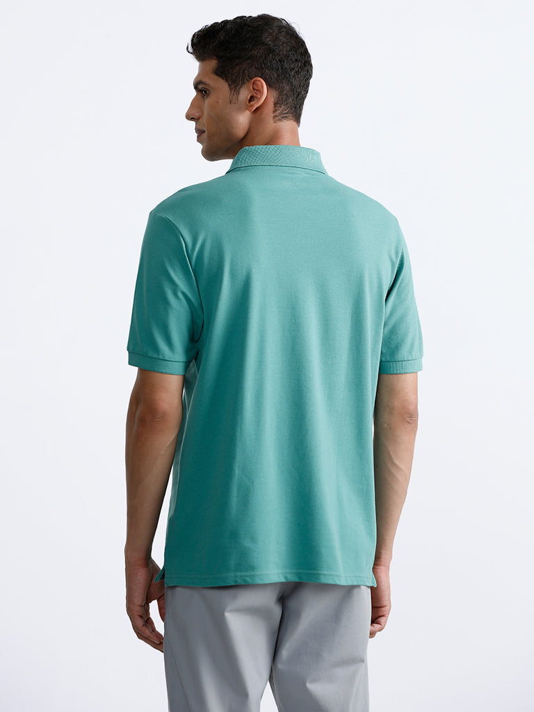 WES Casuals Blue Polo Neck Cotton Blend Relaxed Fit T-Shirt