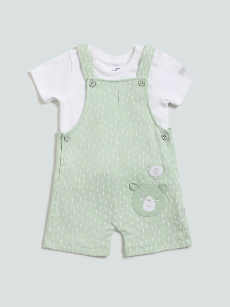HOP Baby Sage Bear Printed Dungarees and T-Shirt Set