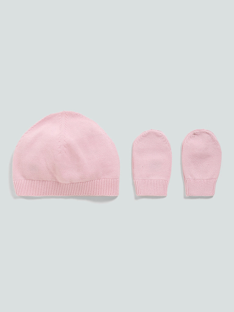 HOP Baby Solid Knitted Pink Ribbed Hat with Mitten