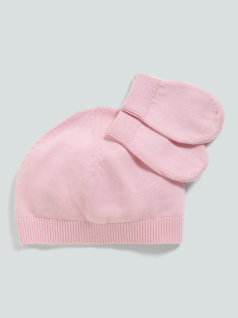 HOP Baby Solid Knitted Pink Ribbed Hat with Mitten