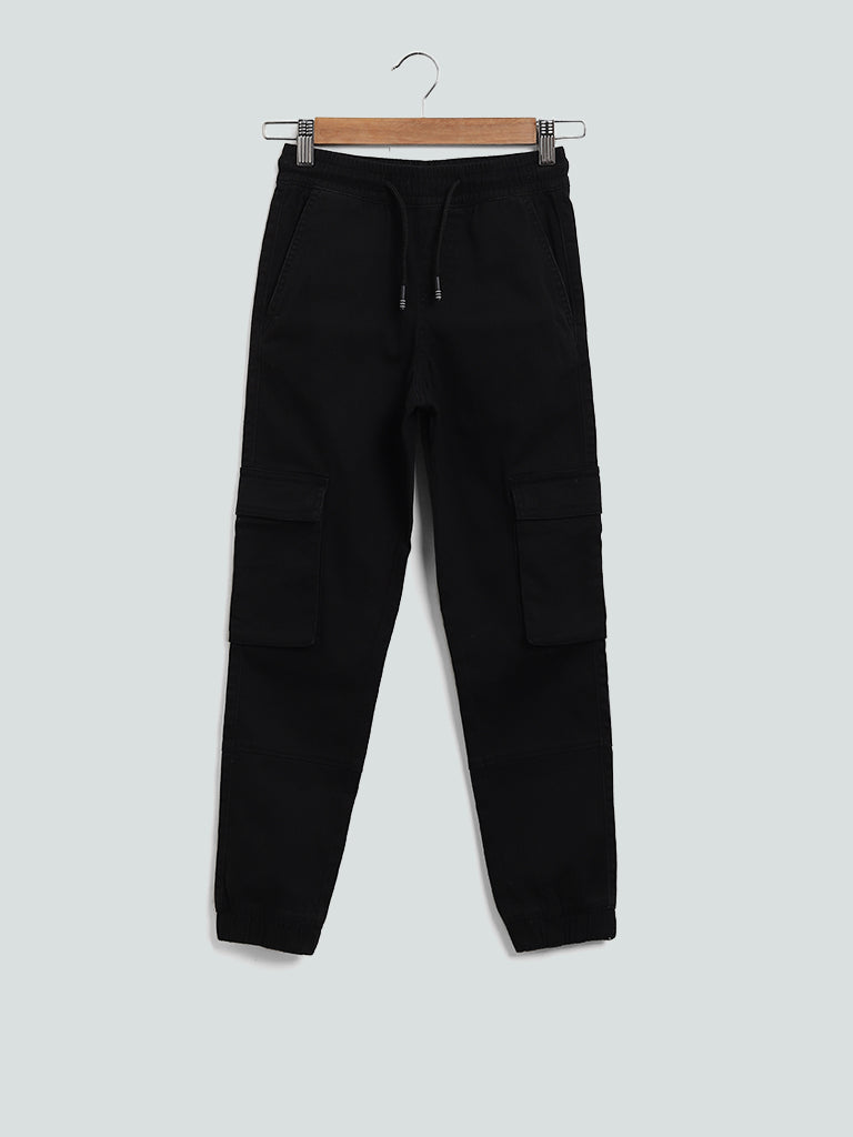 Buy Y&F Solid Black Ribbed Joggers from Westside