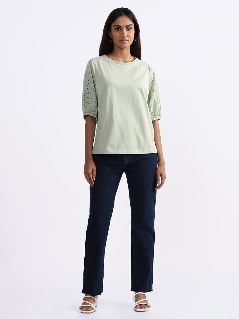LOV Solid Sage-Green Schiffli Top