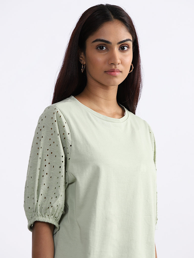 LOV Solid Sage-Green Schiffli Top