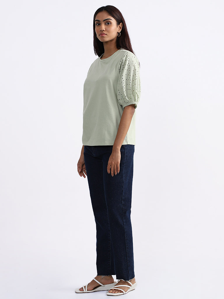 LOV Solid Sage-Green Schiffli Top