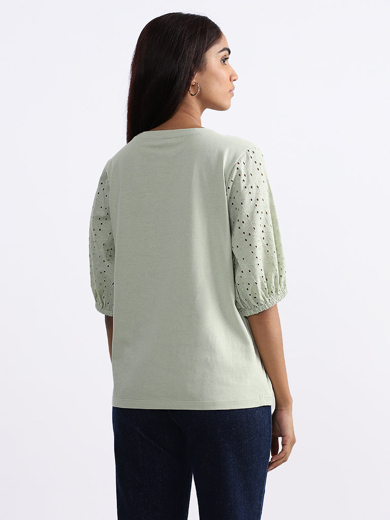 LOV Solid Sage-Green Schiffli Top