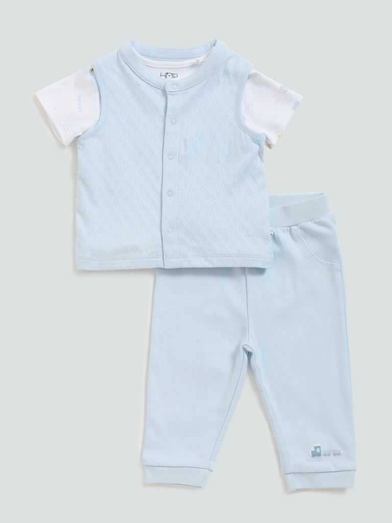 HOP Baby Blue T-Shirt, Waistcoat and Pants Set