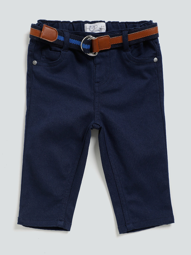 HOP Baby Solid Navy Blue Denim Jeans with Belt
