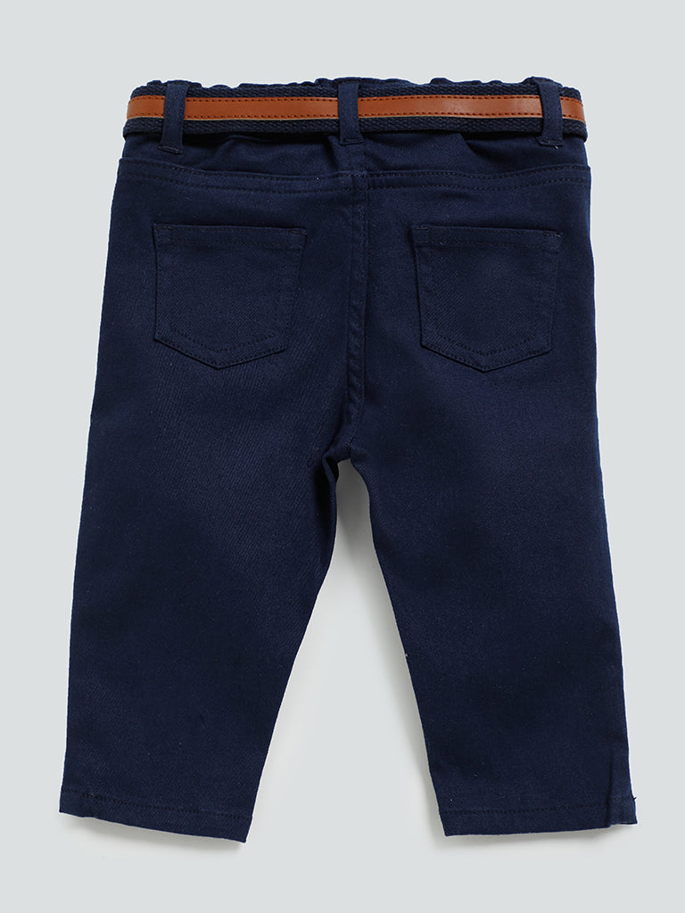 HOP Baby Solid Navy Blue Denim Jeans with Belt