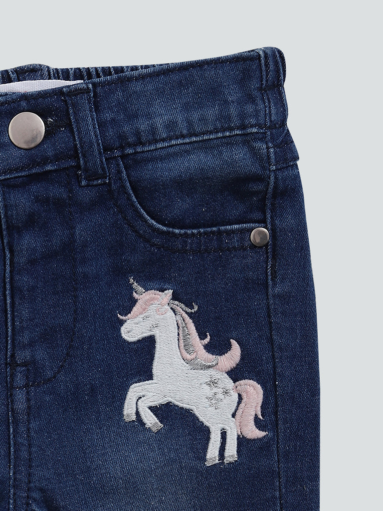 HOP Baby Unicorn Embroidered Blue Denim Jeans