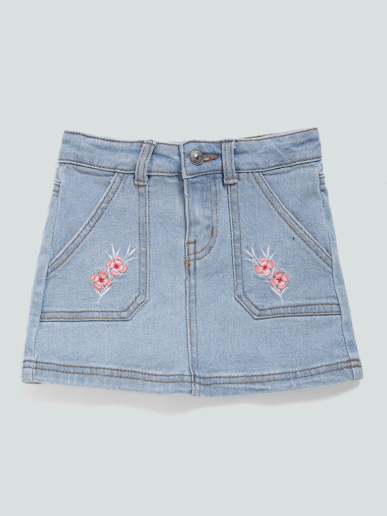 HOP Kids Embroidered Pocket Light Blue Denim Skirt