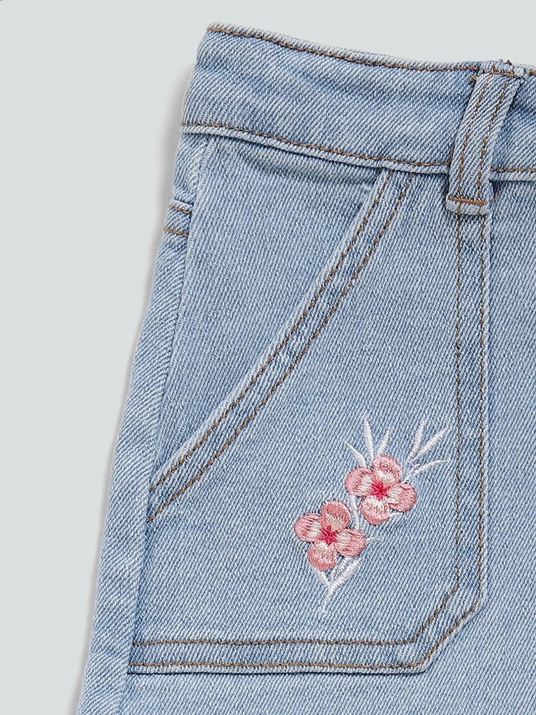 HOP Kids Embroidered Pocket Light Blue Denim Skirt