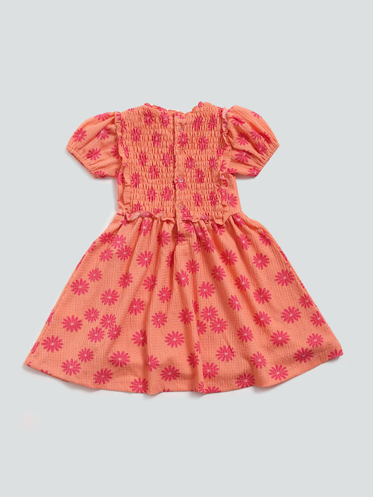 HOP Kids Peach Floral Printed Dress