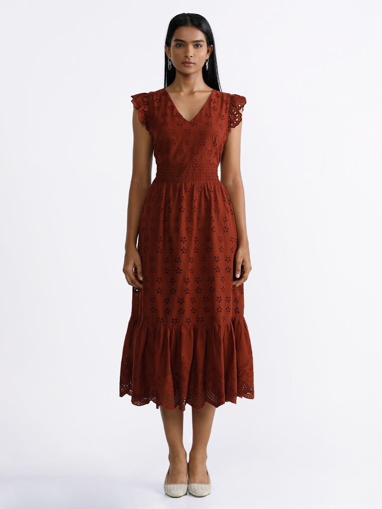 LOV Solid Rust Brown A-Line Dress
