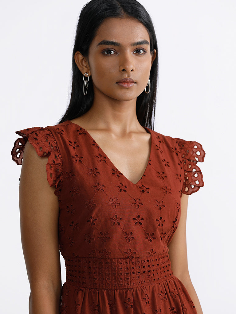 LOV Solid Rust Brown A-Line Dress