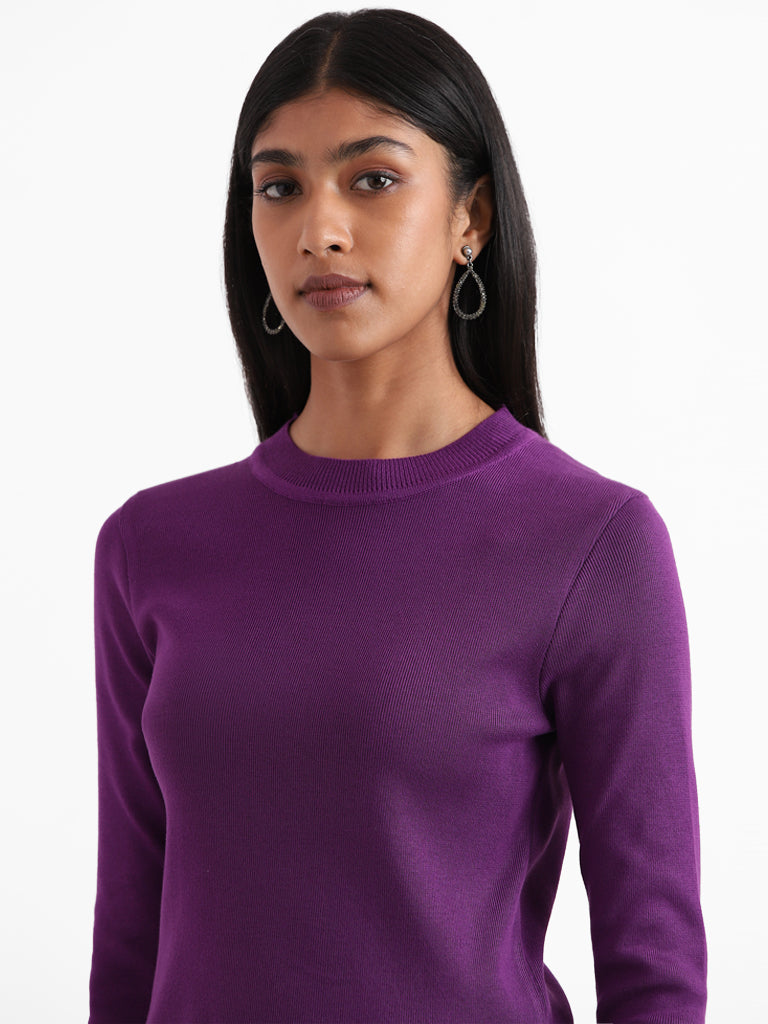 Wardrobe Solid Purple Ribbed Neck Top