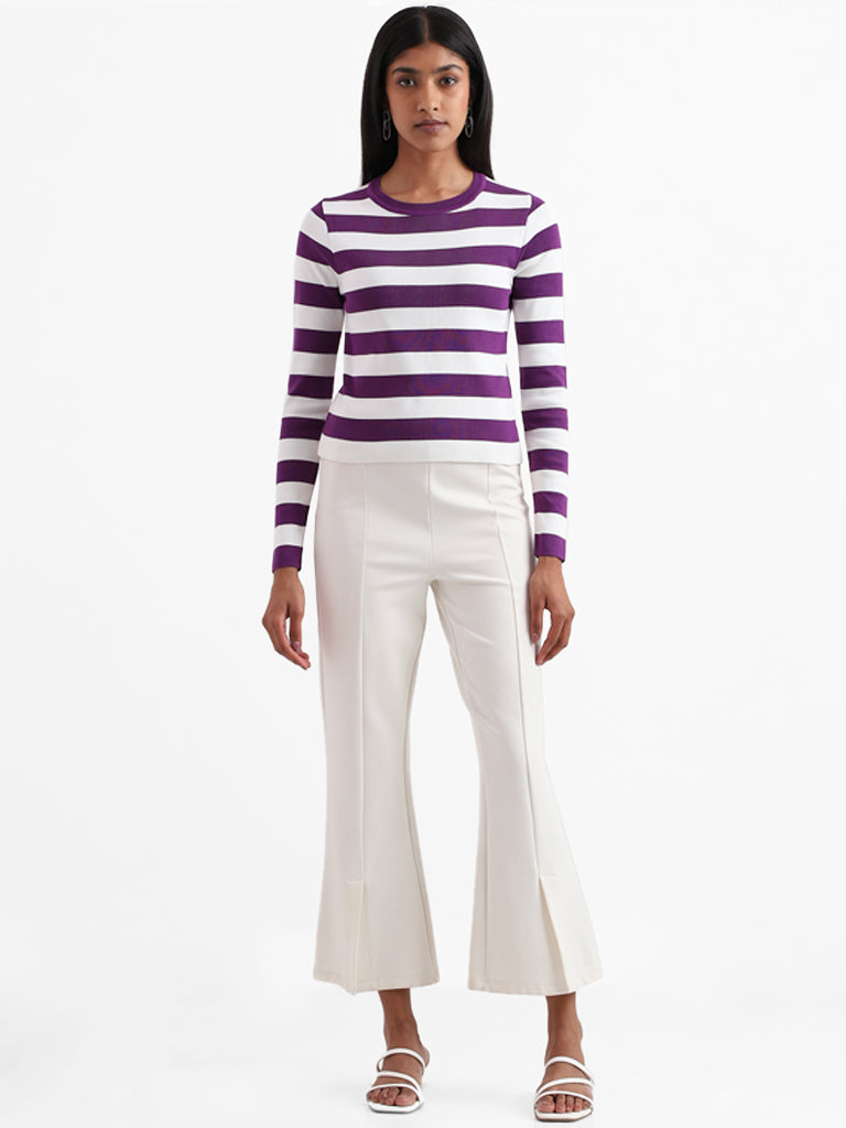 Wardrobe Striped Purple Ribbed Neck Top